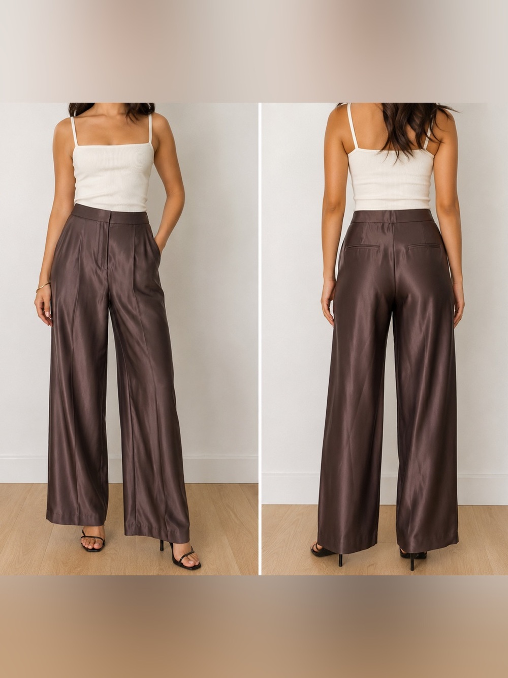 NWT Zara Satin High Waisted Wide Leg Pants Brown Size Small - Picture 7 of 7